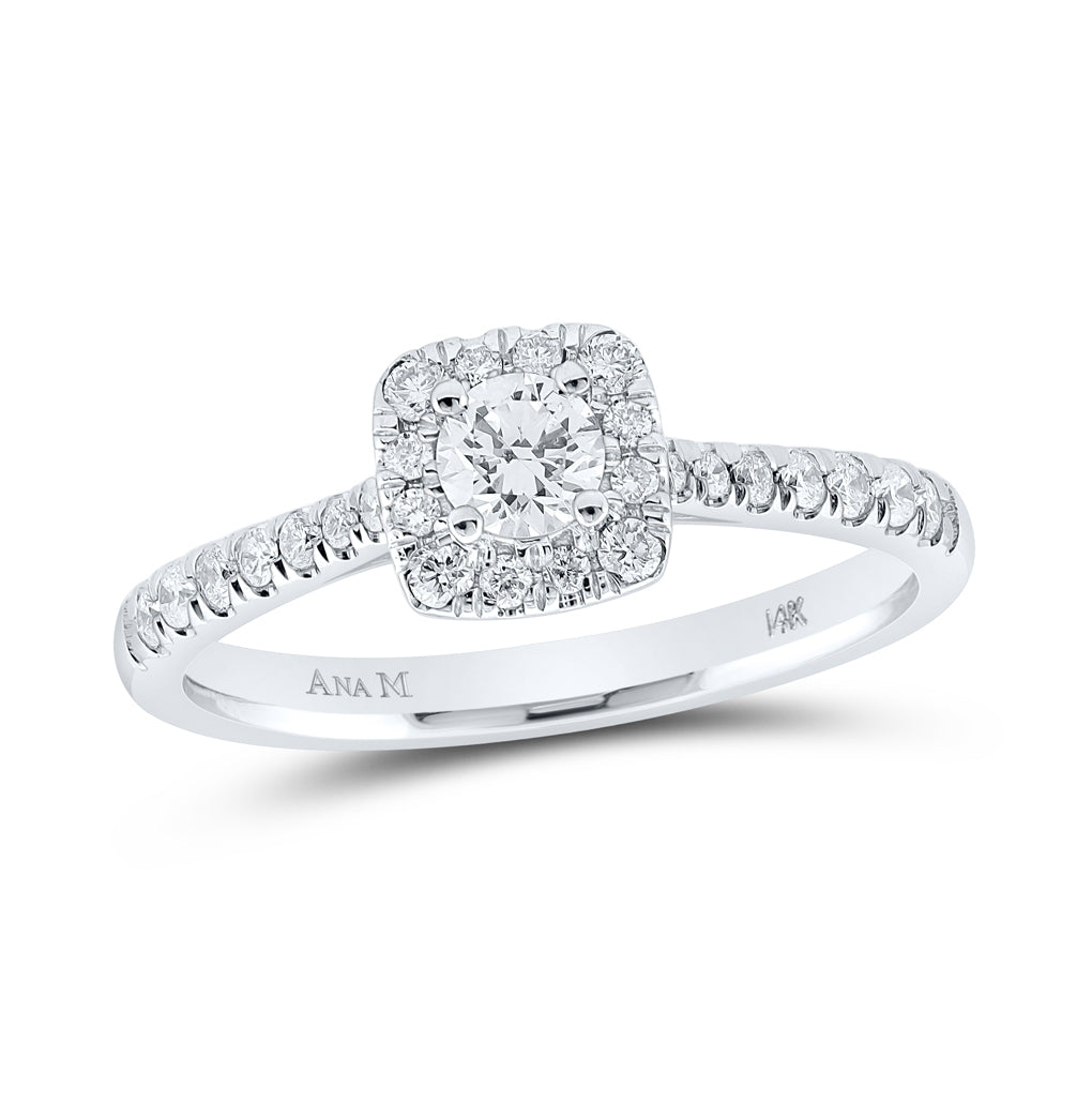 14K White Gold Round Diamond Halo Bridal Wedding Engagement Ring 1/2ctw, Womens Size: 5-10