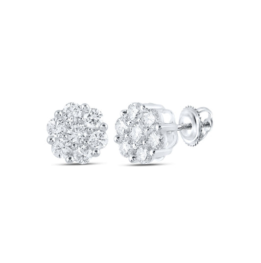 14K White Gold Womens Round Diamond Flower Cluster Earrings 1-1/5 Cttw