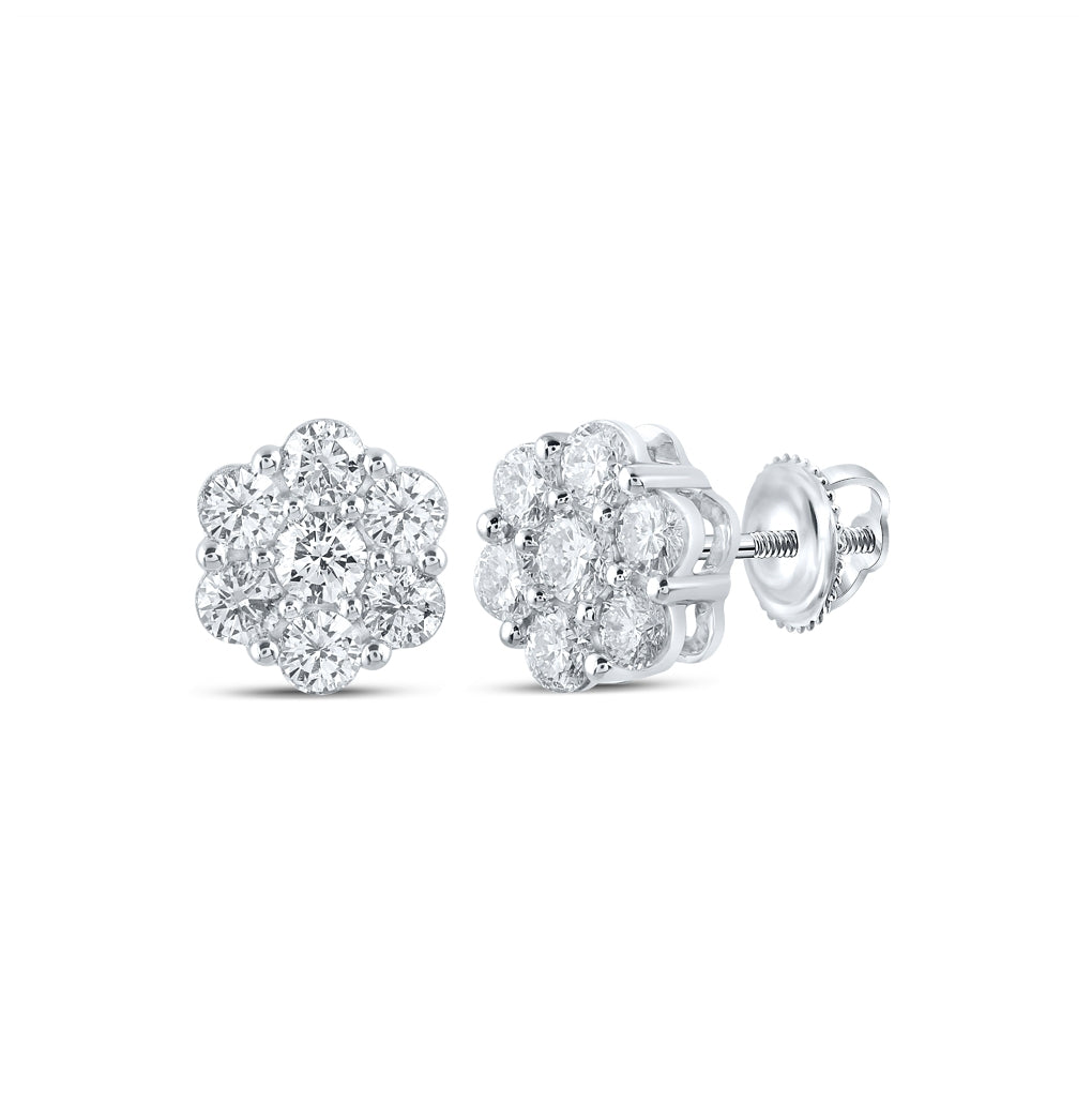 14K White Gold Womens Round Diamond Cluster Earrings 1-1/2 Cttw