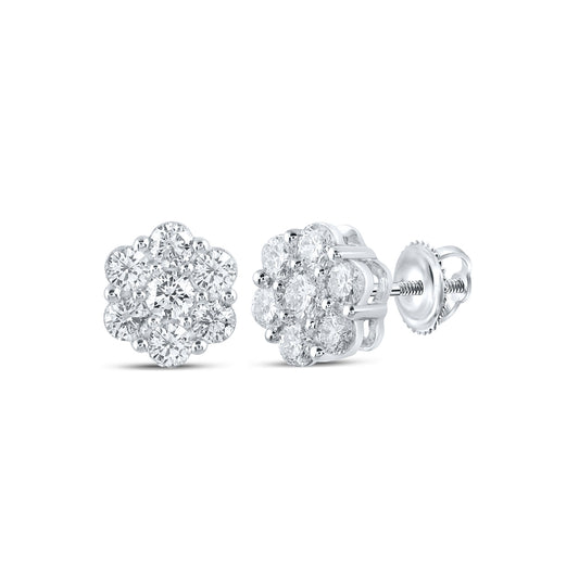 14K White Gold Womens Round Diamond Cluster Earrings 1-1/2 Cttw