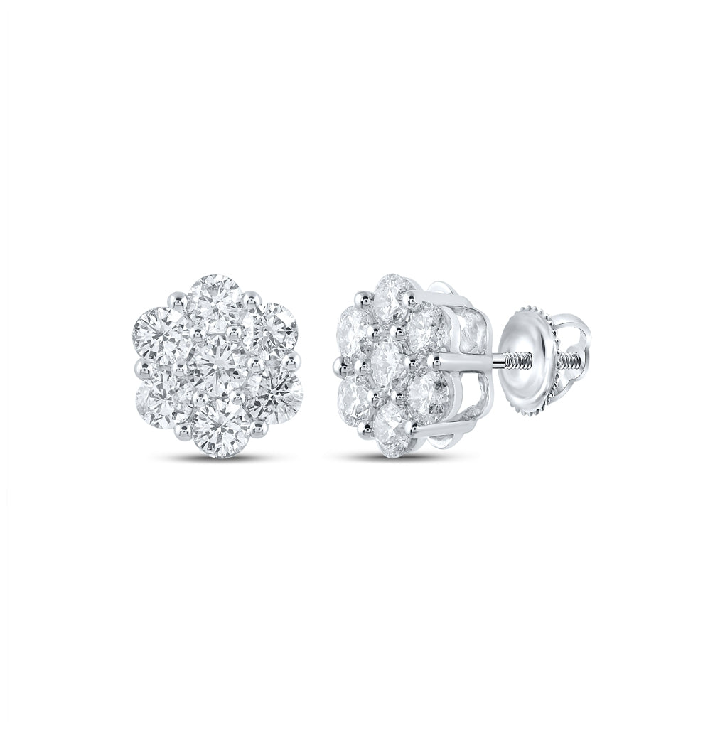14K White Gold Womens Round Diamond Flower Cluster Earrings 1-3/4 ctw