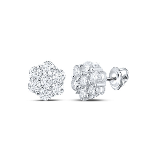 14K White Gold Women's Round Diamond Flower Cluster Earrings 2ctw