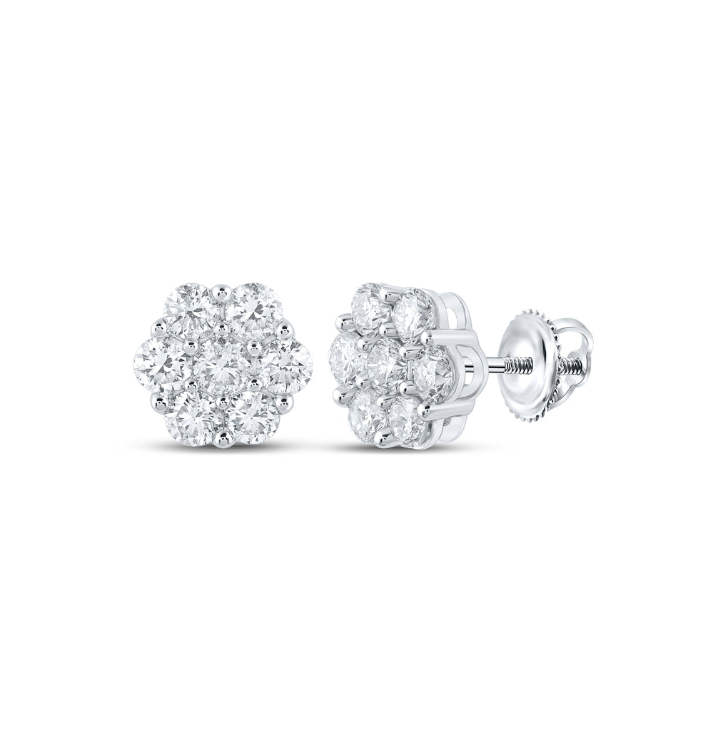 14K White Gold Womens Round Diamond Flower Cluster Earrings 2-5/8 Cttw