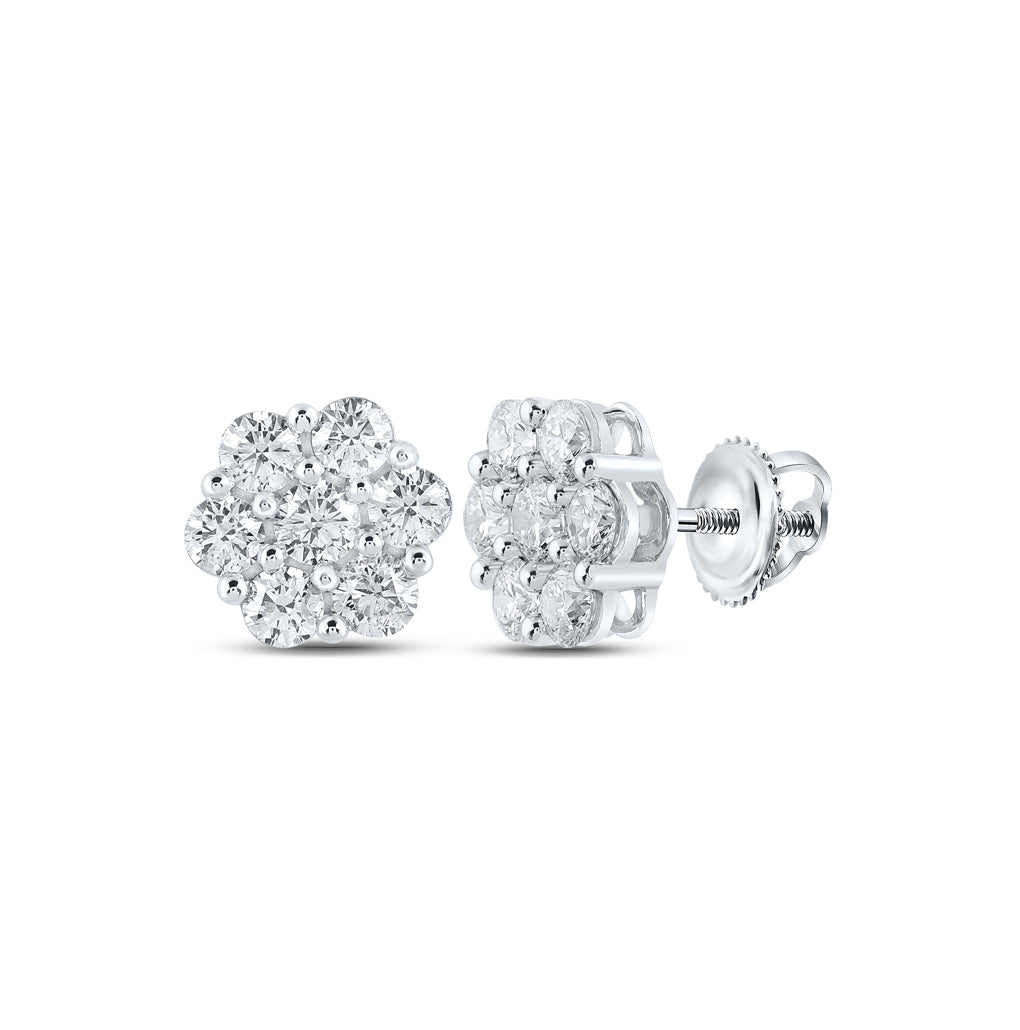 14K White Gold Womens Round Diamond Flower Cluster Earrings 2-3/4 Cttw