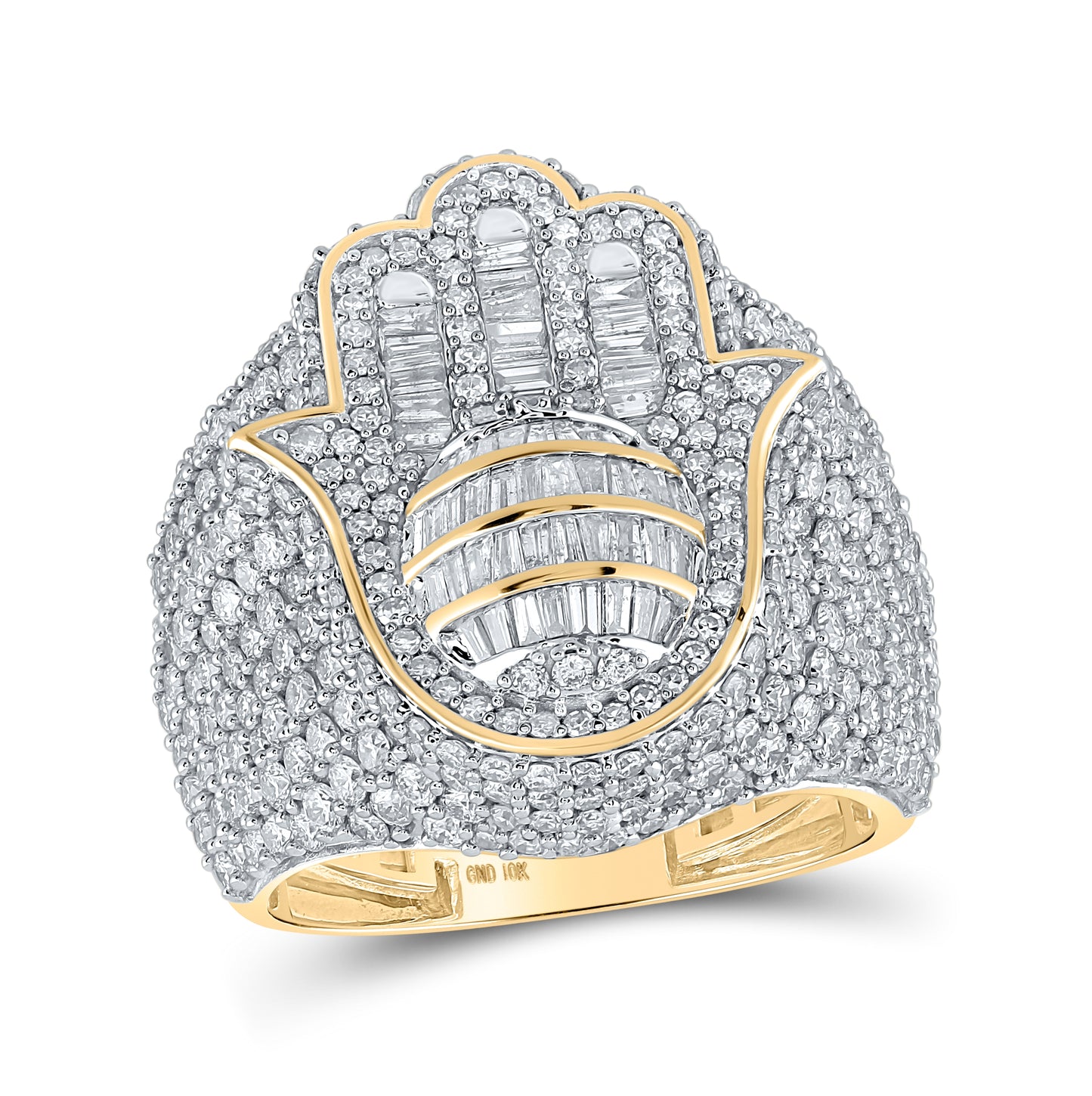 10K Yellow Gold Mens Baguette Diamond Hamsa Ring 5-1/3 Cttw, Mens Size: 7-13