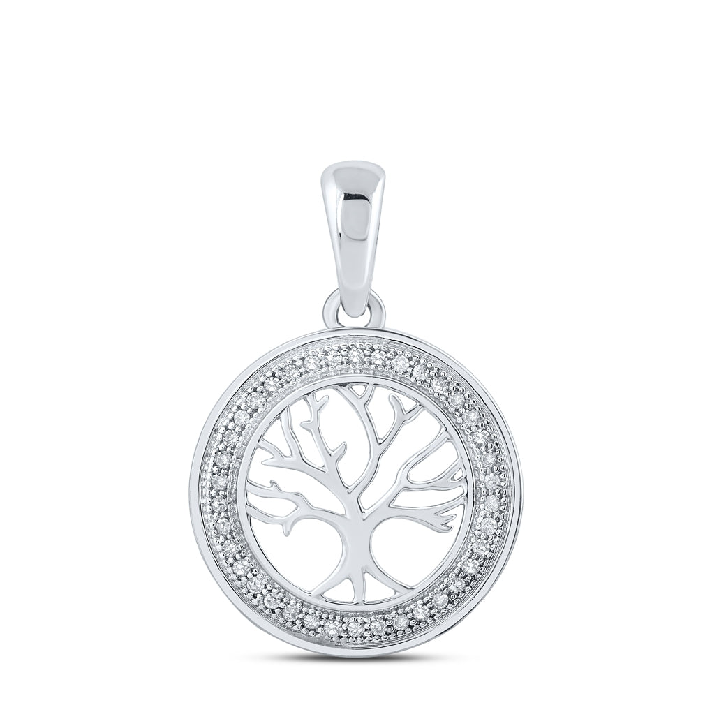 10kt White Gold Womens Round Diamond Tree of Life Circle Pendant 1/10 Cttw