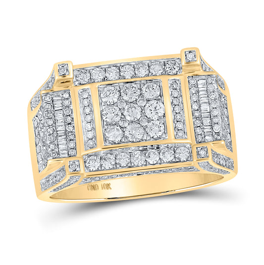 10K Yellow Gold Mens Round Diamond Square Ring 1-5/8 Cttw, Mens Size: 7-13