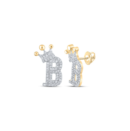 10K Yellow Gold Womens Round Diamond B Crown Letter Earrings 1/3 Cttw