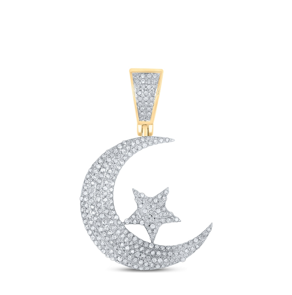 10K Yellow Gold Mens Round Diamond Crescent Moon Star Charm Pendant 5/8 Cttw