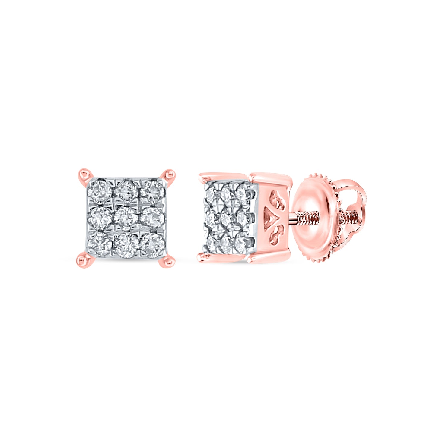 10K Yellow Or White Or Rose Gold Womens Round Diamond Square Earrings