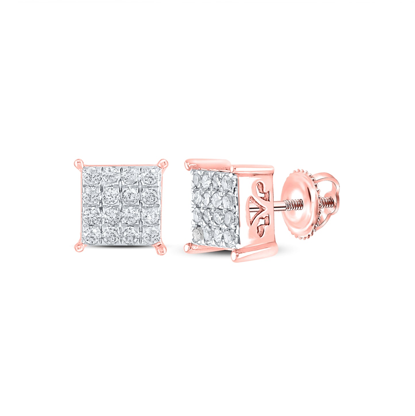 10K Yellow Or White Or Rose Gold Womens Round Diamond Square Earrings