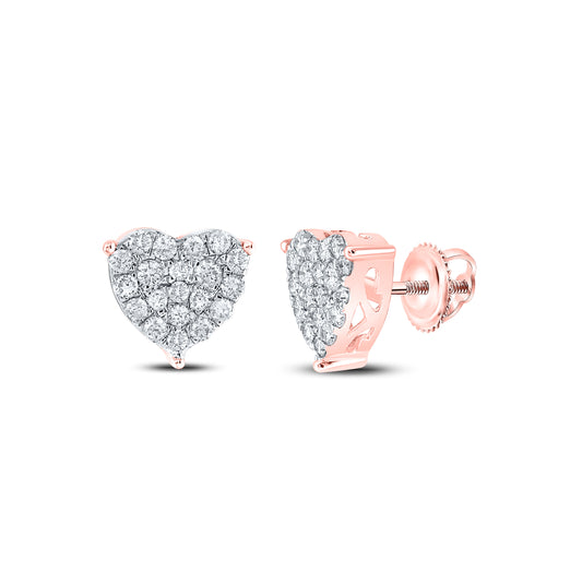 10K Rose Gold Womens Round Diamond Heart Earrings 1 Cttw, Length: 0.41 In, Width: 0.37 In