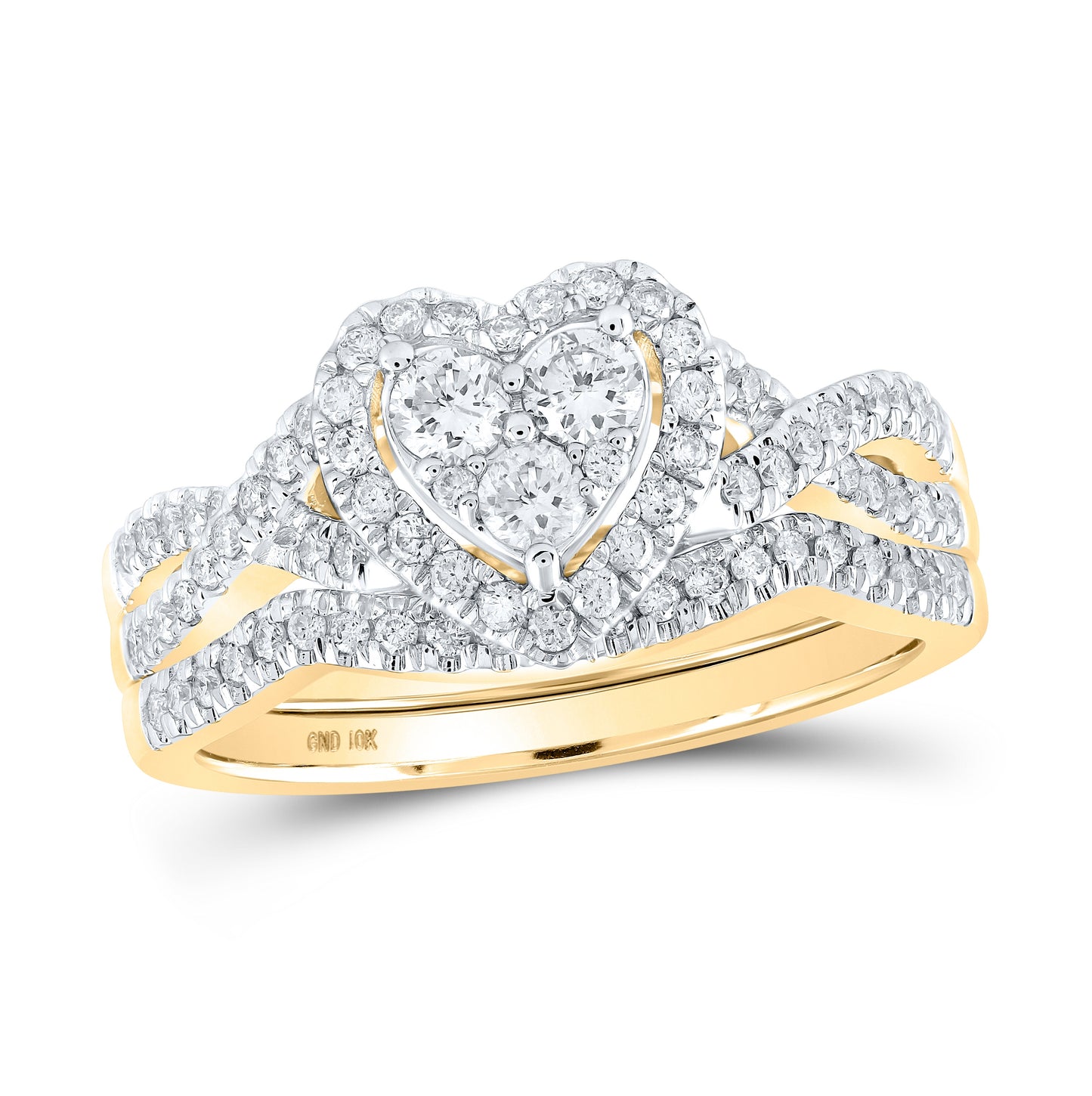 10K White Or Yellow Gold Round Diamond Heart Bridal Wedding Ring Band Set , Womens Size: 5-10