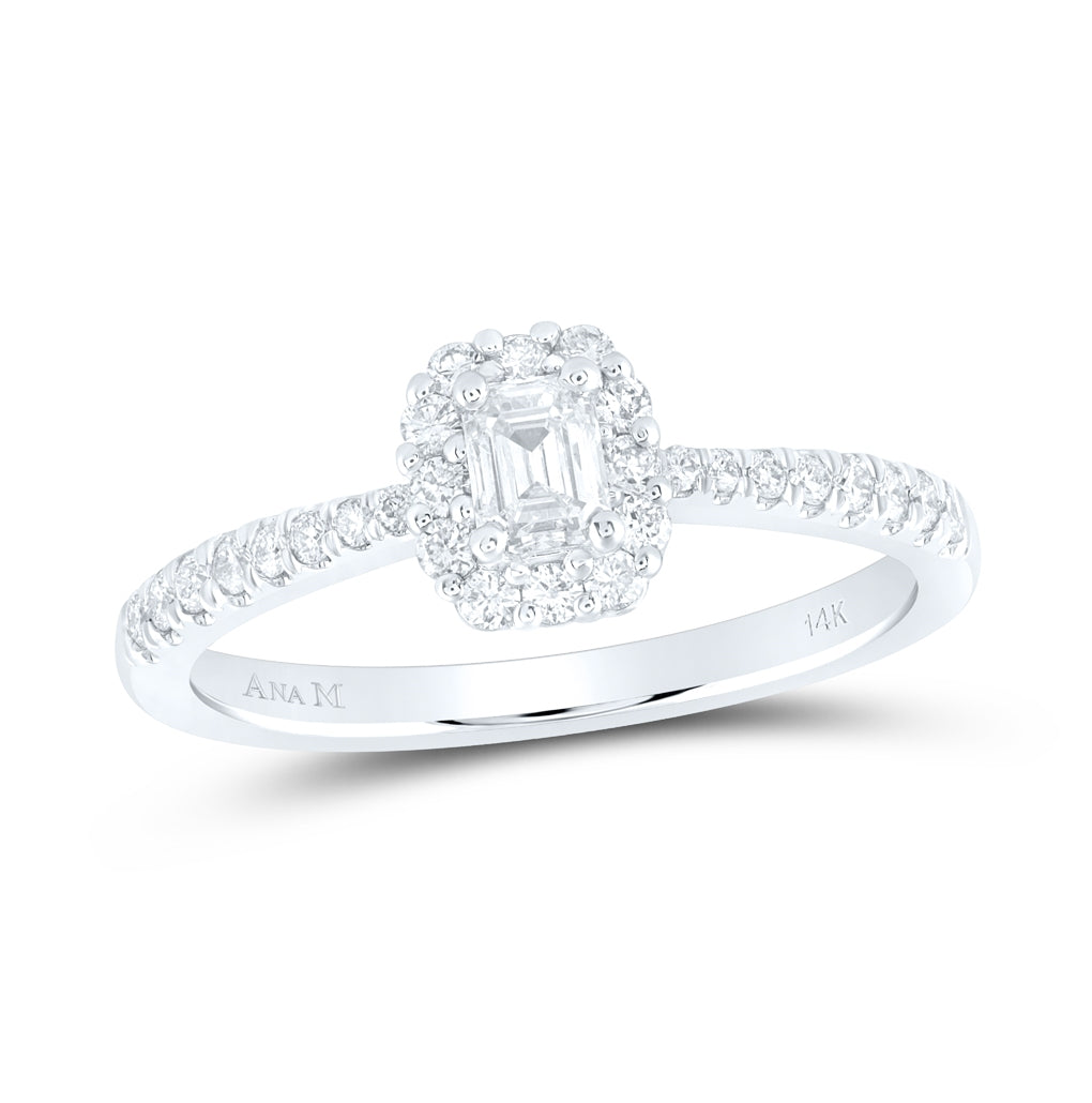 14K White Gold Emerald Diamond Halo Bridal Wedding Engagement Ring 5/8ctw, Womens Size: 5-10