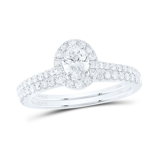 14K White Gold Oval Diamond Halo Bridal Wedding Ring Band Set 1 Cttw, Womens Size: 5-10