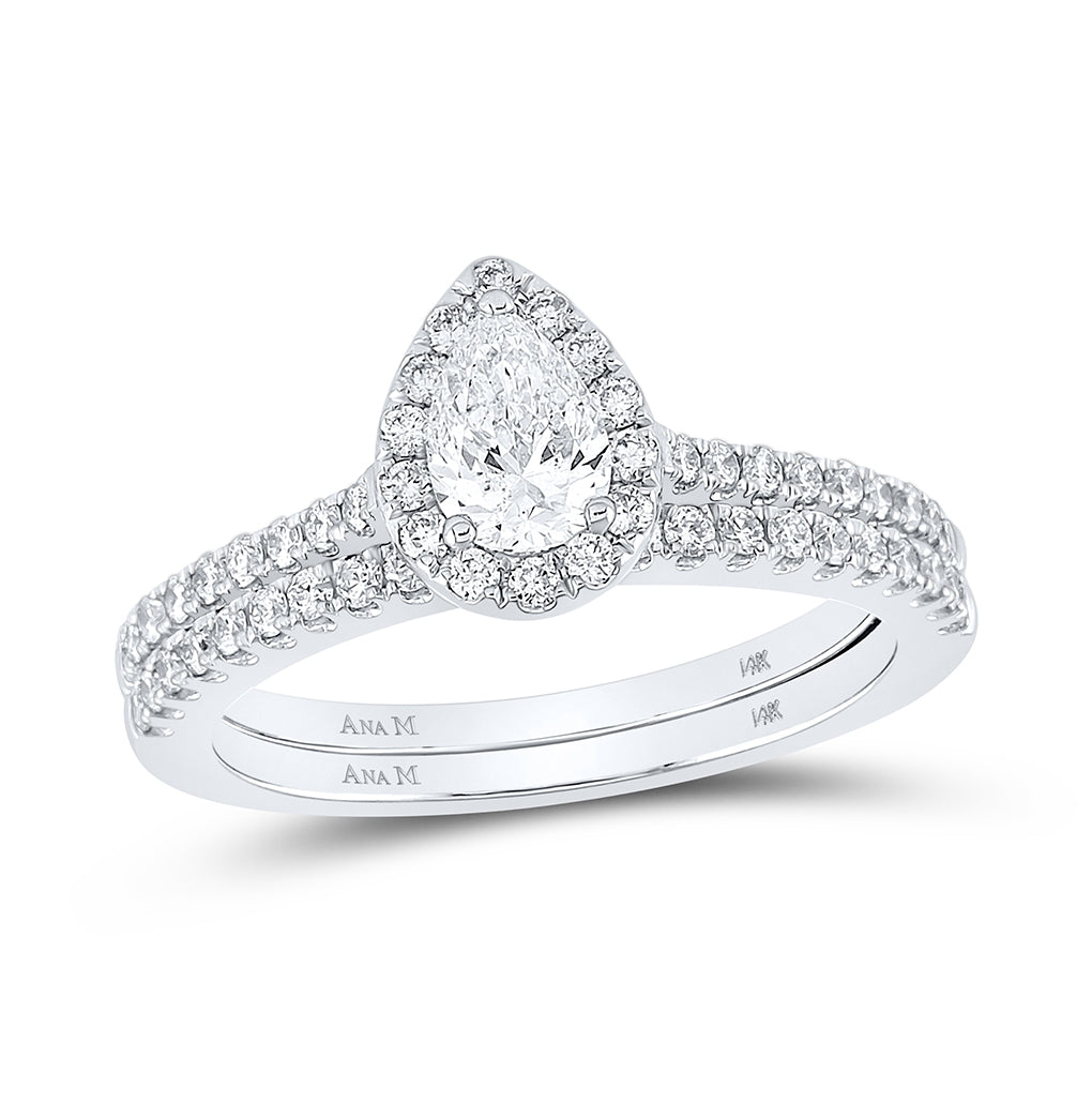 14K White Gold Pear Dia. Halo Bridal Wedding Band Set 1ct, Womens Size: 5-10