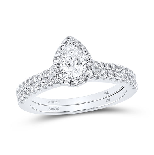 14K White Gold Pear Dia. Halo Bridal Wedding Band Set 1ct, Womens Size: 5-10