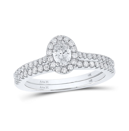 14K White Gold Oval Diamond Oval Halo Bridal Wedding Ring Band Set 7/8 Cttw, Womens Size: 5-10