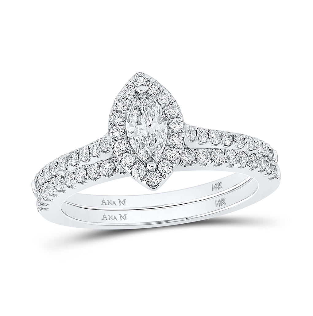 14K White Gold Marquise Diamond Halo Bridal Wedding Ring Band Set 7/8 Cttw, Womens Size: 5-10