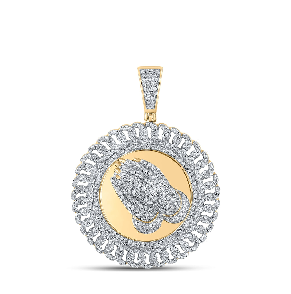 10K Yellow Gold Mens Round Diamond Prayer Hands Circle Charm Pendant 1-1/3 Cttw, Length: 1.69 In, Width: 1.26 In
