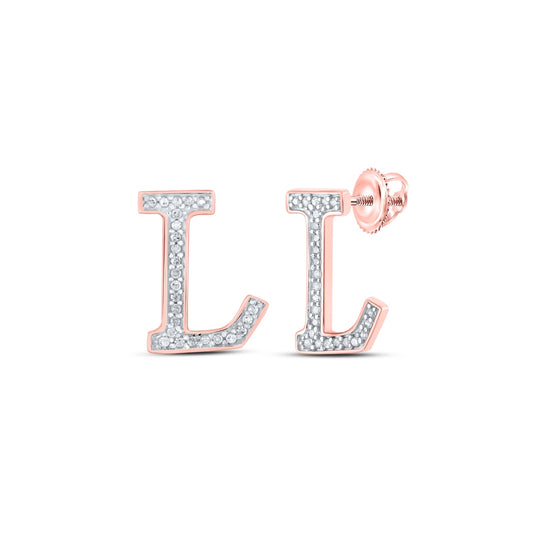 10K Rose Gold Womens Round Diamond L Initial Letter Earrings 1/10 Cttw