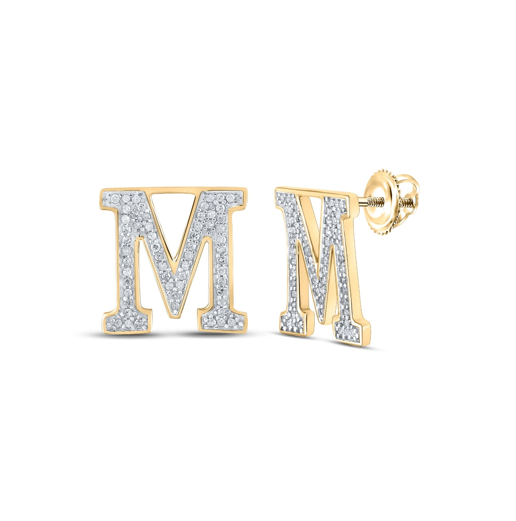 10K Yellow Or White Or Rose Gold Womens Round Diamond M Initial Letter Earrings