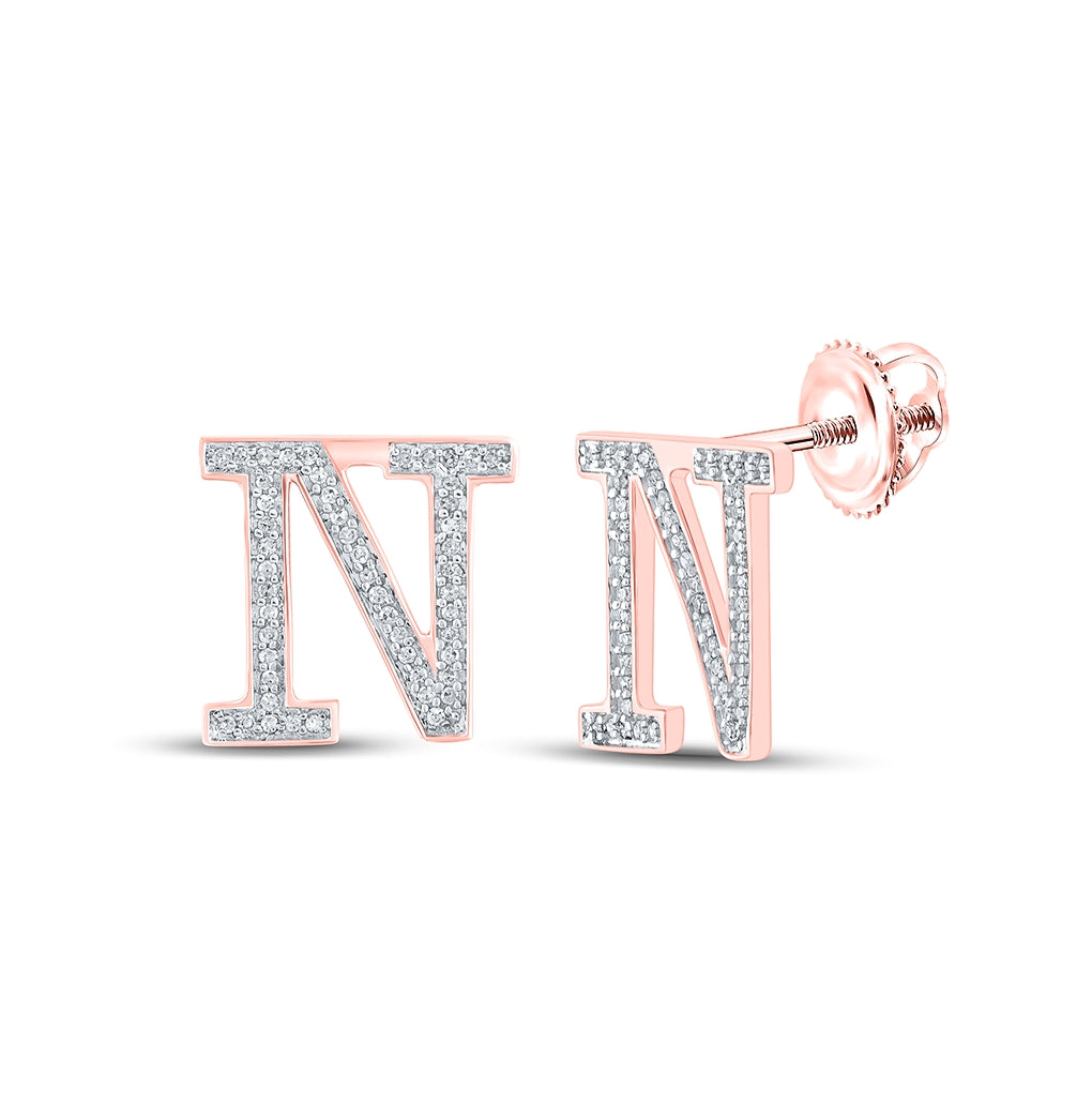 10K Yellow Or White Or Rose Gold Womens Round Diamond N Initial Letter Earrings