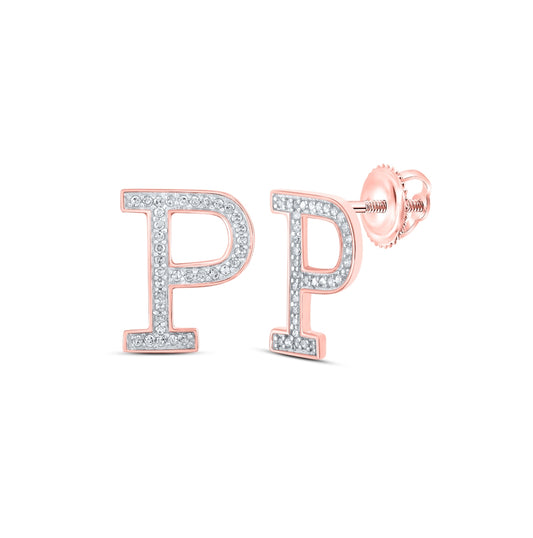 10K Rose Gold Womens Round Diamond P Initial Letter Earrings 1/8 Cttw