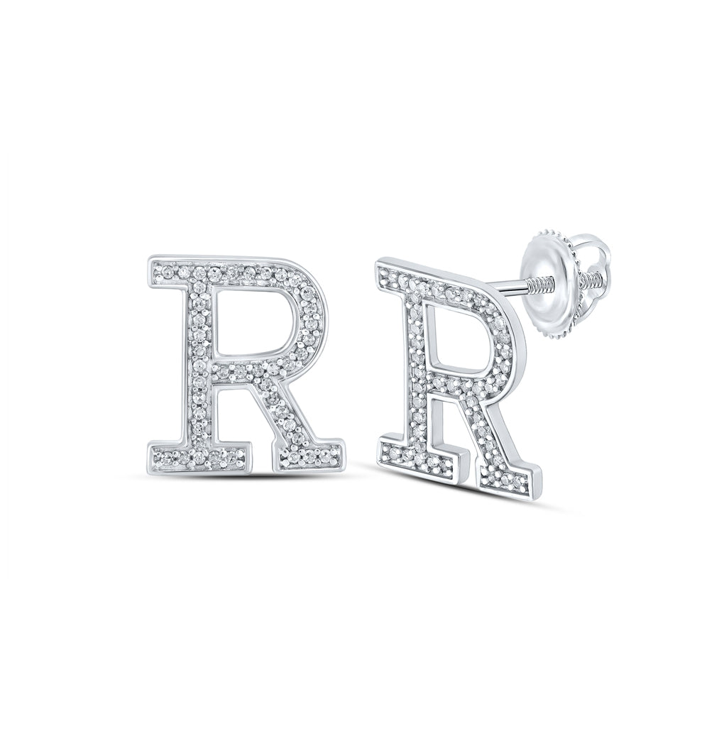 10K Yellow Or White Or Rose Gold Womens Round Diamond R Initial Letter Earrings