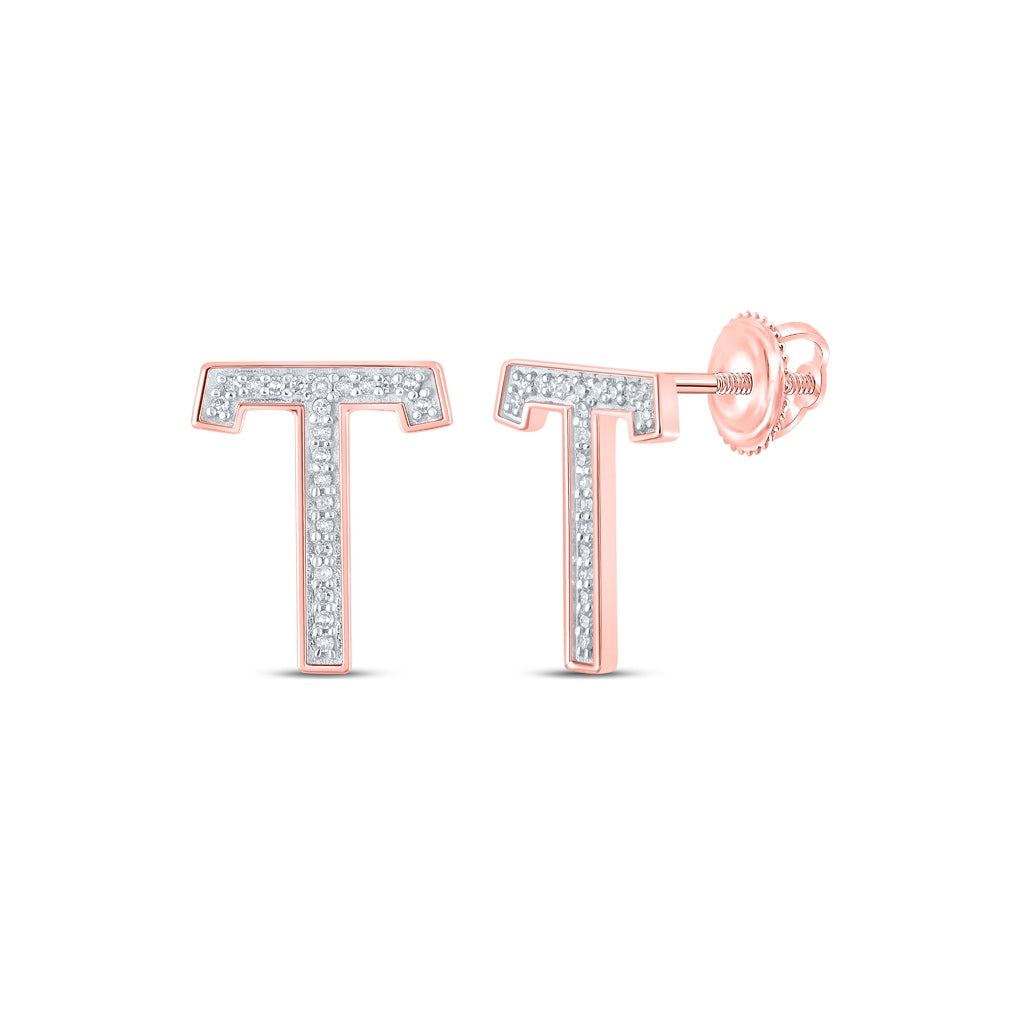 10K Yellow Or White Or Rose Gold Womens Round Diamond T Initial Cluster Earrings