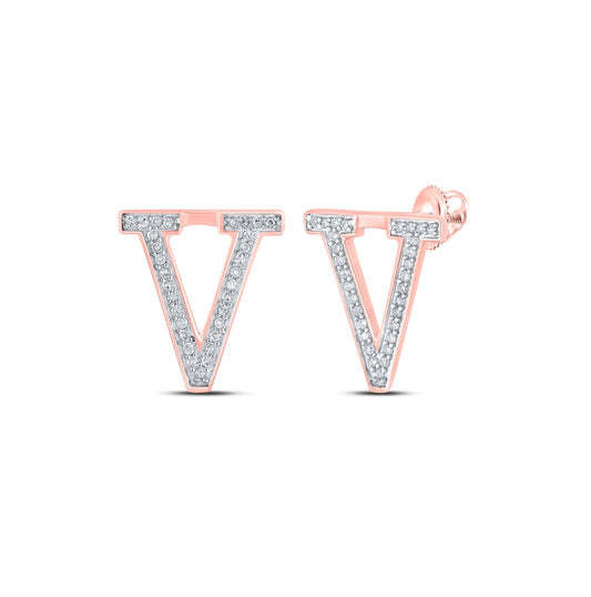 10K Rose Gold Womens Round Diamond V Initial Letter Earrings 1/8 Cttw