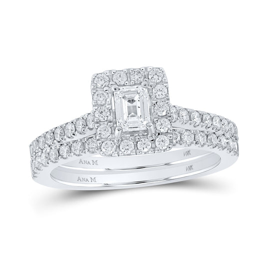 14K White Gold Emerald Dia. Halo Bridal Wedding Ring Band Set 1ctw, Women's Size: 5-10