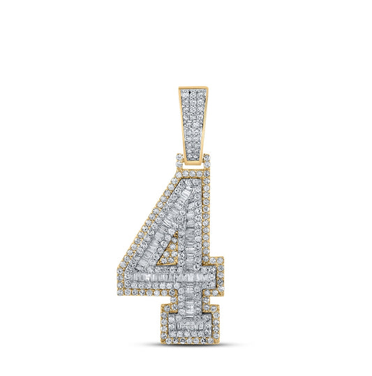 10K Two-tone Gold Mens Baguette Diamond Number 4 Charm Pendant 1-1/2 Cttw