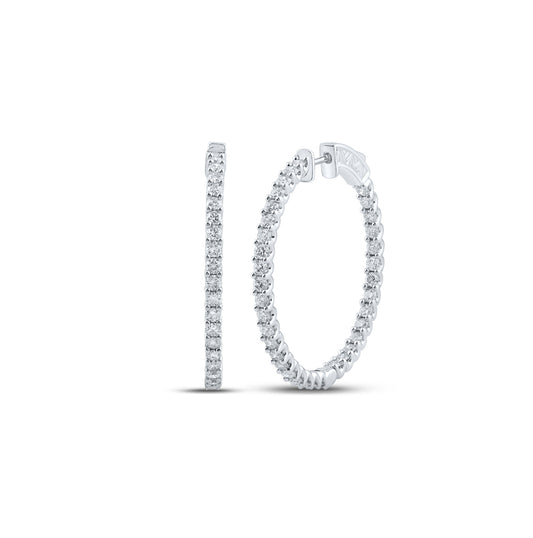 14K White Gold Womens Round Diamond Inside Outside Hoop Earrings 2-7/8 Cttw