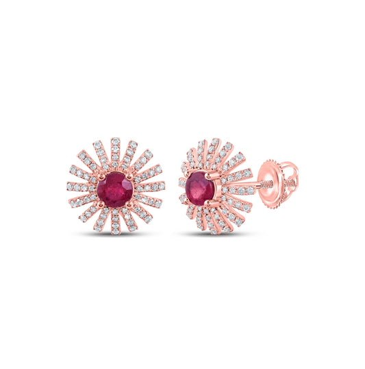 14K Rose Gold Womens Round Ruby Diamond Fan Earrings 1-3/8 Cttw, Length: 0.55 In, Width: 0.48 In