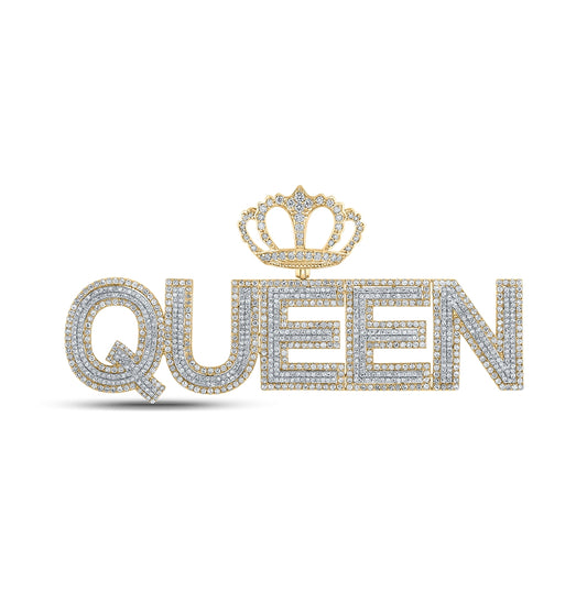 10K Two-tone Gold Mens Round Diamond QUEEN Crown Phrase Charm Pendant 5 Cttw