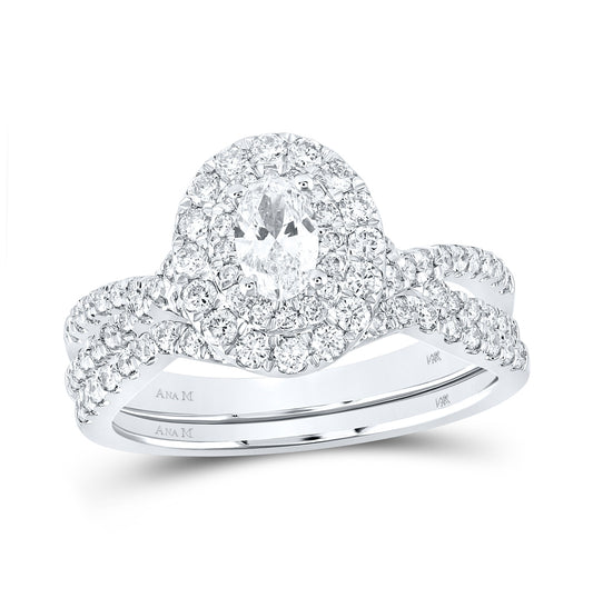 14K White Gold Oval Shape Diamond Halo Bridal Wedding Band Set 1ctw, Women's Sz: 5-10