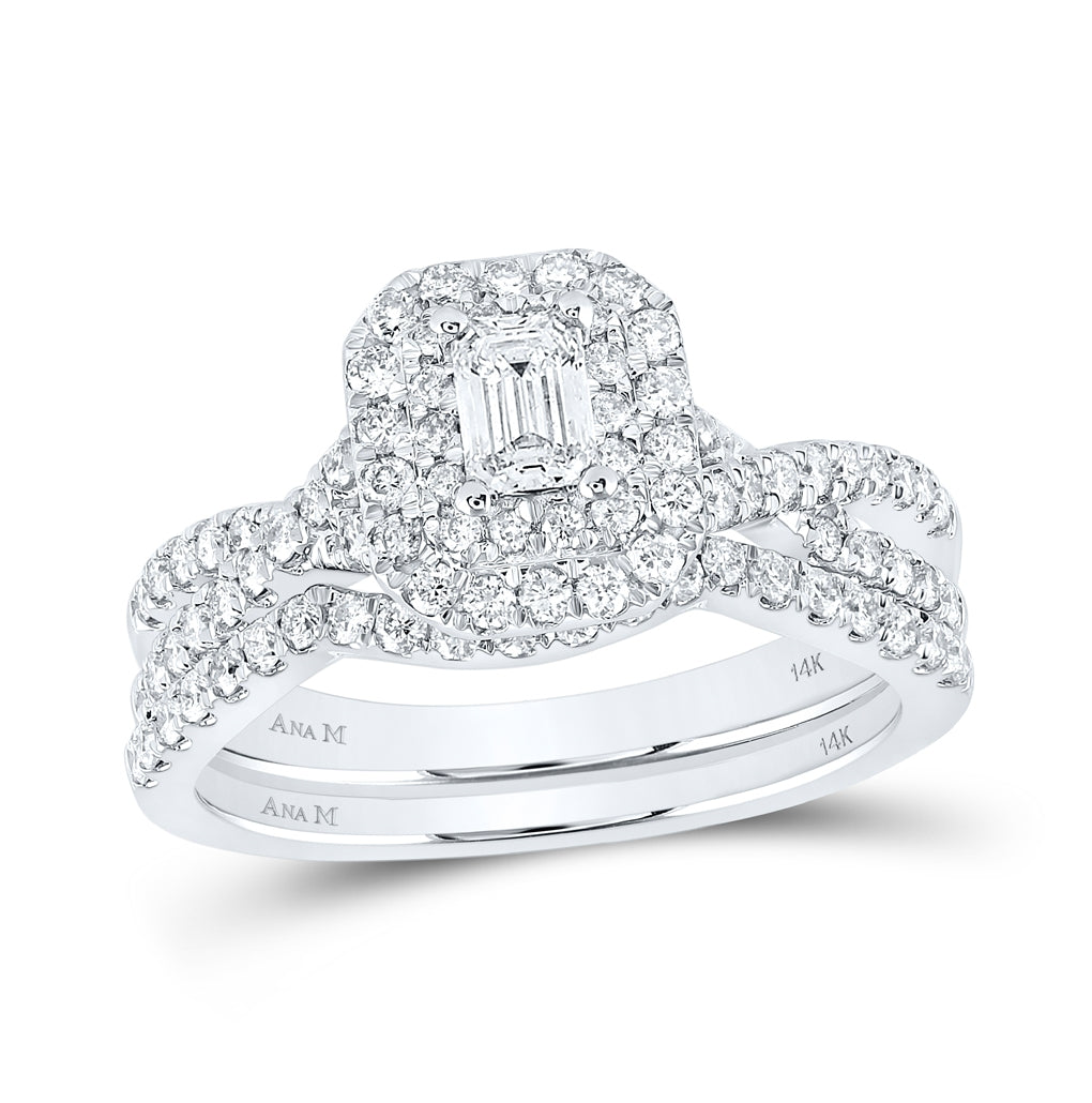 14K White Gold Emerald Diamond Halo Bridal Wedding Ring Band Set 1ctw, Women's Size: 5-10