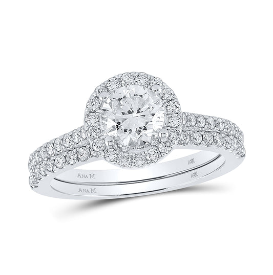 14K White Gold Round Diamond Halo Bridal Wedding Ring Band Set 1-1/2 Cttw, Womens Size: 5-10