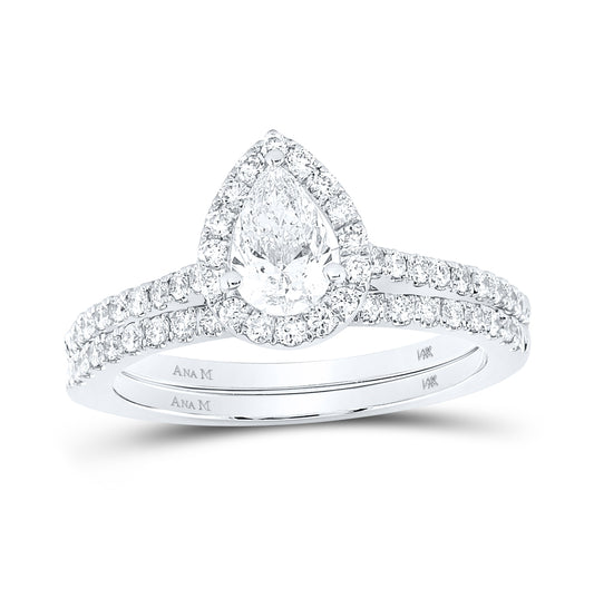 14K White Gold Pear Dia. Halo Bridal Wedding Band Set 1ct., Women's Sz: 5-10