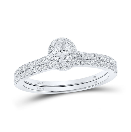 14K White Gold Oval Diamond Halo Bridal Wedding Ring Band Set 5/8 Cttw, Womens Size: 5-10