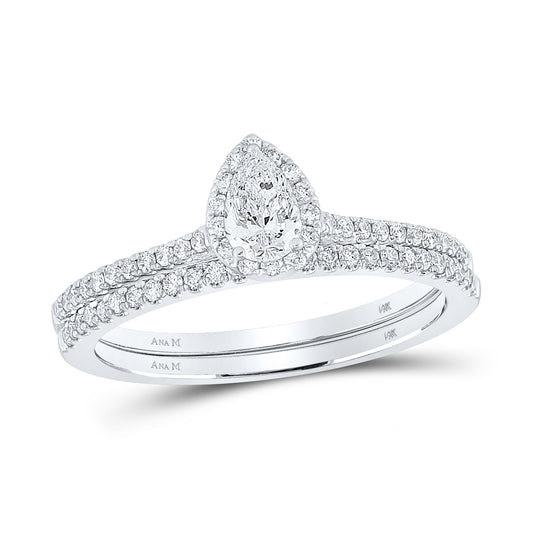 14K White Gold Pear Diamond Halo Bridal Wedding Ring Band Set 5/8 Cttw, Womens Size: 5-10