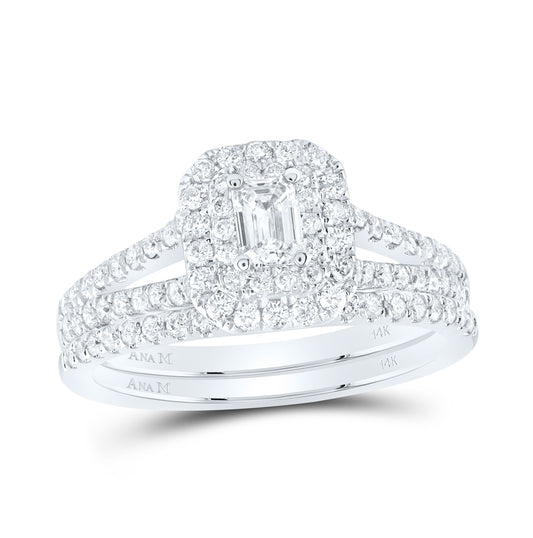 14K White Gold Emerald Diamond Halo Bridal Wedding Band Set 1ctw, Women's Size: 5-10