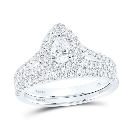 14K White Gold Pear Dia. Halo Bridal Wedding Band Set 1ctw, Women's Size: 5-10
