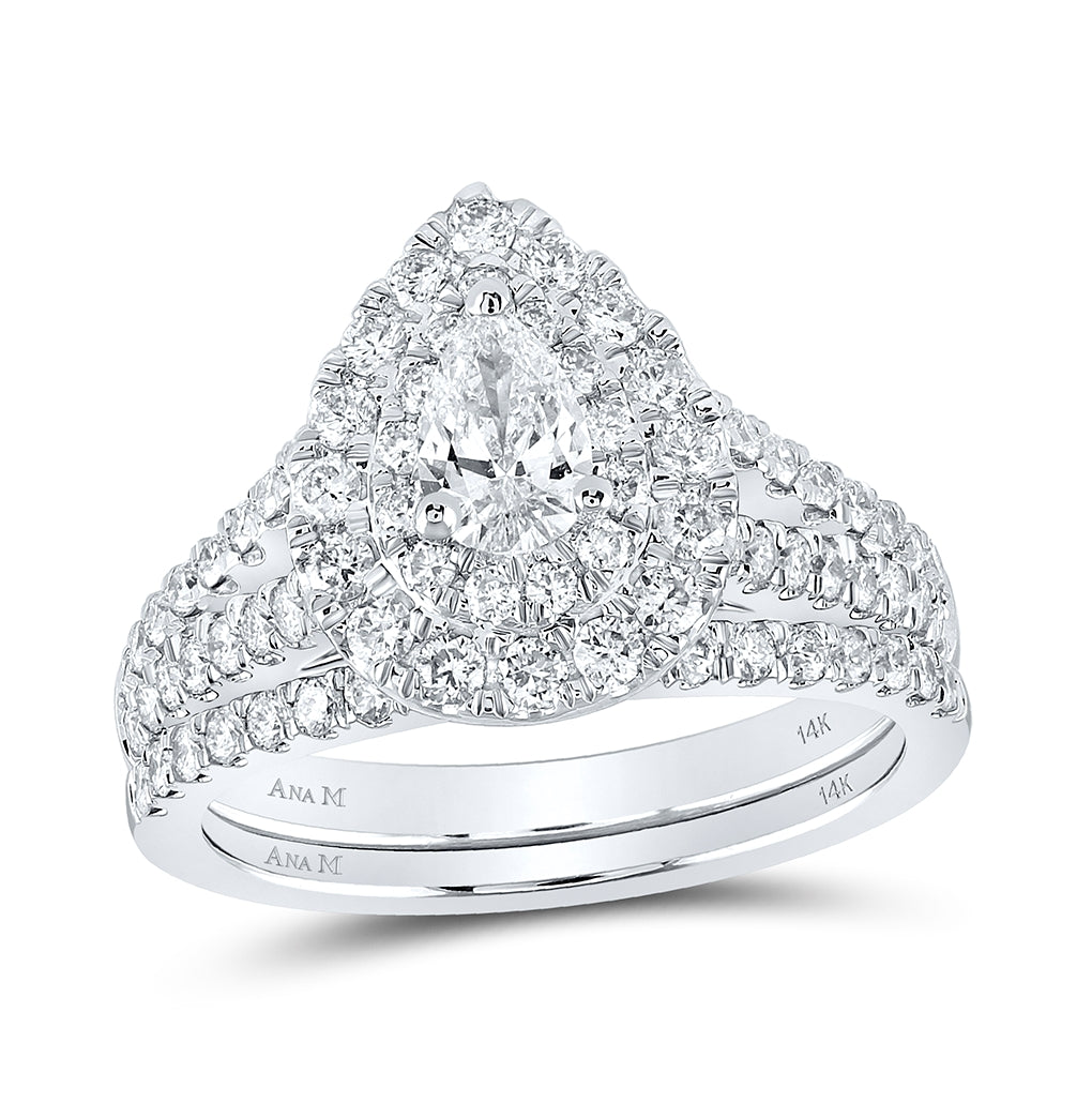 14K White Gold Pear Shape Diamond Halo Bridal Wedding Band Set 1-1/2ctw, Women's Sz: 5-10