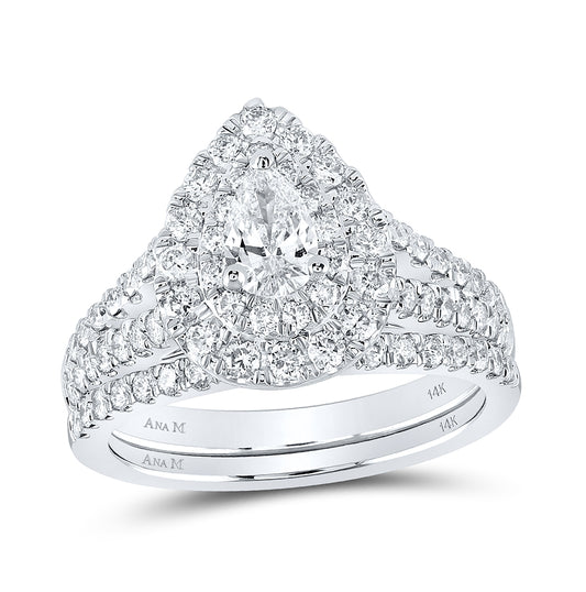 14K White Gold Pear Shape Diamond Halo Bridal Wedding Band Set 1-1/2ctw, Women's Sz: 5-10