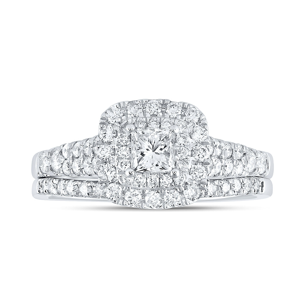 14K White Gold Princess Dia. Halo Bridal Wedding Band Set 1ctw, Women's Size: 5-10
