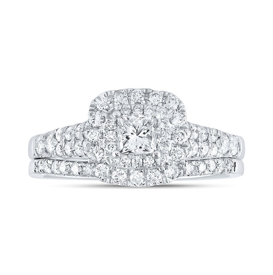 14K White Gold Princess Dia. Halo Bridal Wedding Band Set 1ctw, Women's Size: 5-10
