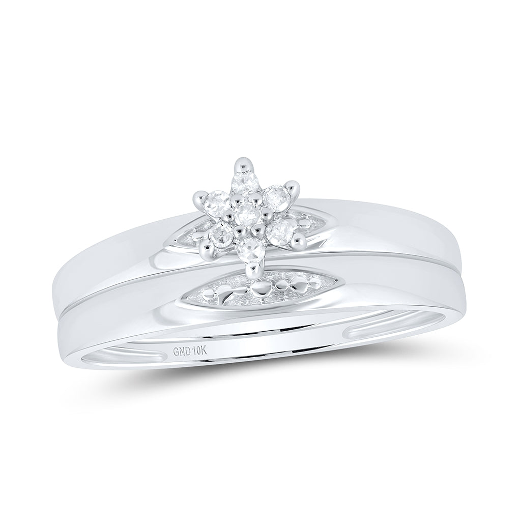 10kt White Gold His & Hers Round Diamond Cluster Matching Bridal Wedding Ring Band Set 1/12 Cttw