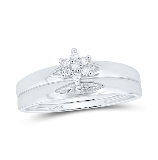 10kt White Gold His & Hers Round Diamond Cluster Matching Bridal Wedding Ring Band Set 1/12 Cttw